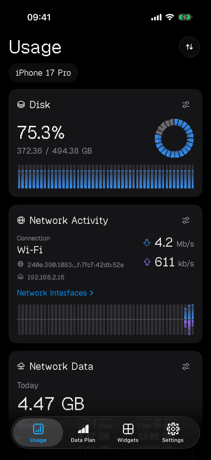 The Usage! dashboard on iPhone showing Disk, Network Activity and Network Data cards in blue dither.